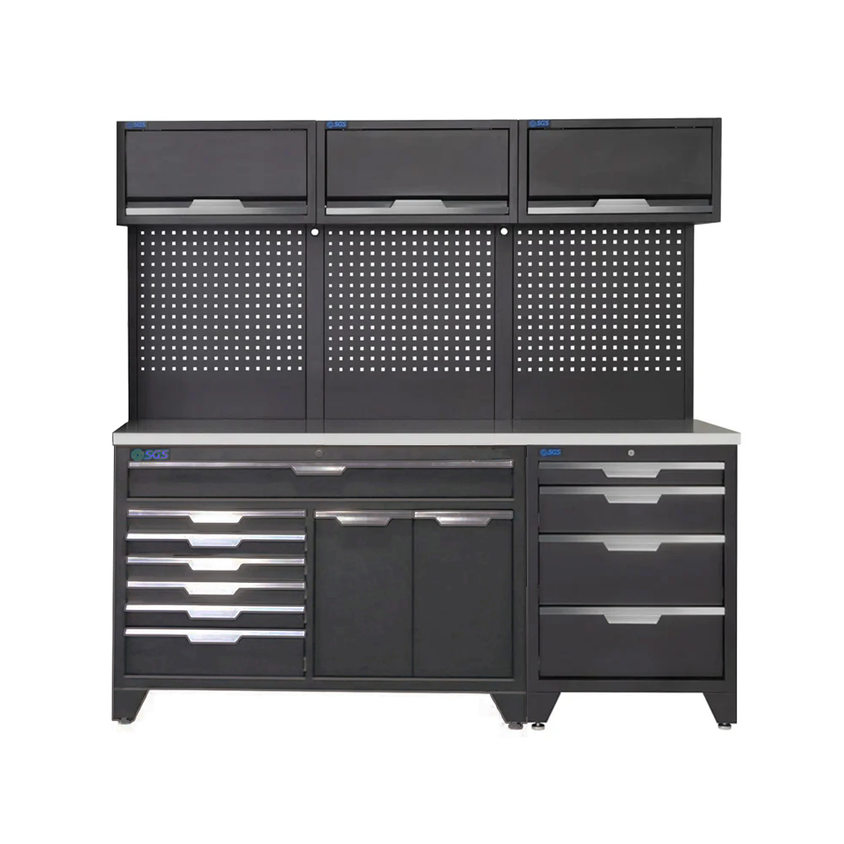SGS 9pc Garage Storage System | 11 Drawers | Stainless Steel Triple Worktop | Organisers & Bin |  3x Lift‑Up Wall Cabinets